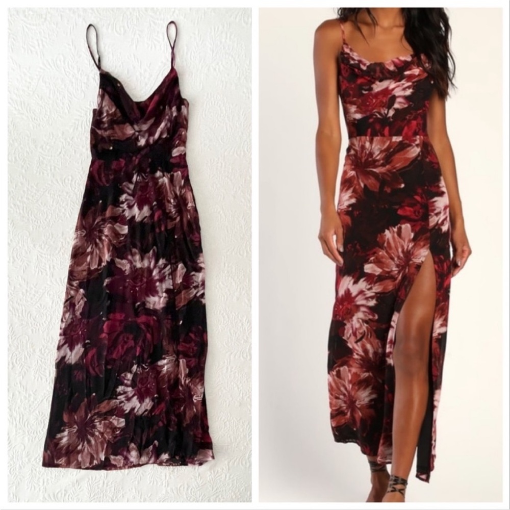 NWOT Lulus Flowery Passion Burgundy Floral Print Cowl Neck Midi Dress Large